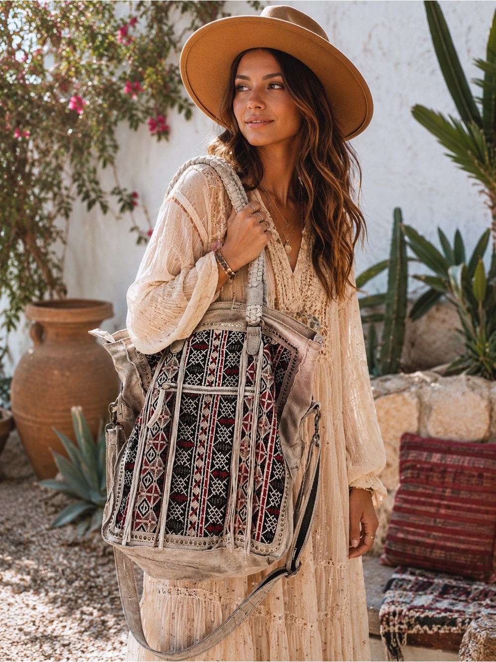 Free People Woven Bohemian Tote | Embroidered Bag - Picture 2 of 3